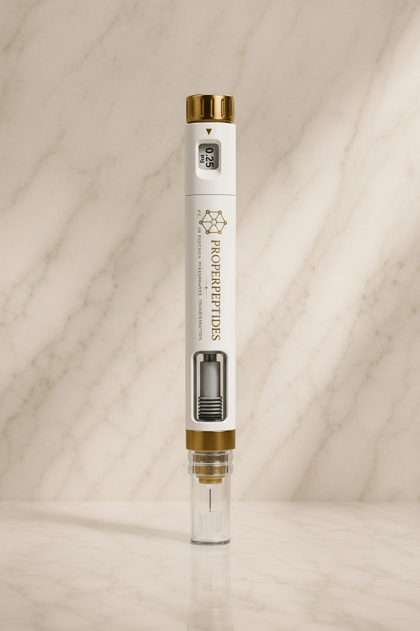 Pre-Filled Peptide Pen upright on marble background